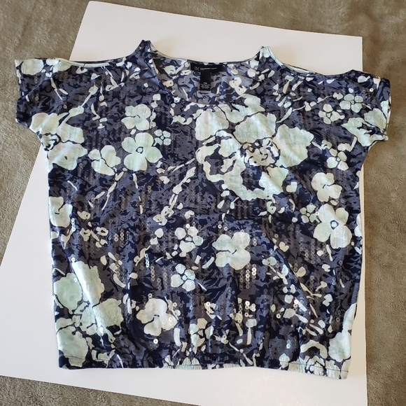 INC International Concepts Tops - INC International Concepts Petite Cold Shoulder Floral Print Sequin Top Size PM